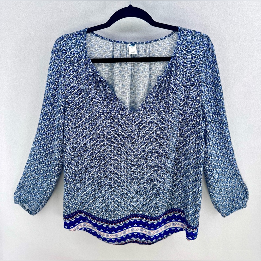 Women’s Boho Old Navy Geometric Pattern Blue And White Tunic Blouse Top Sz M